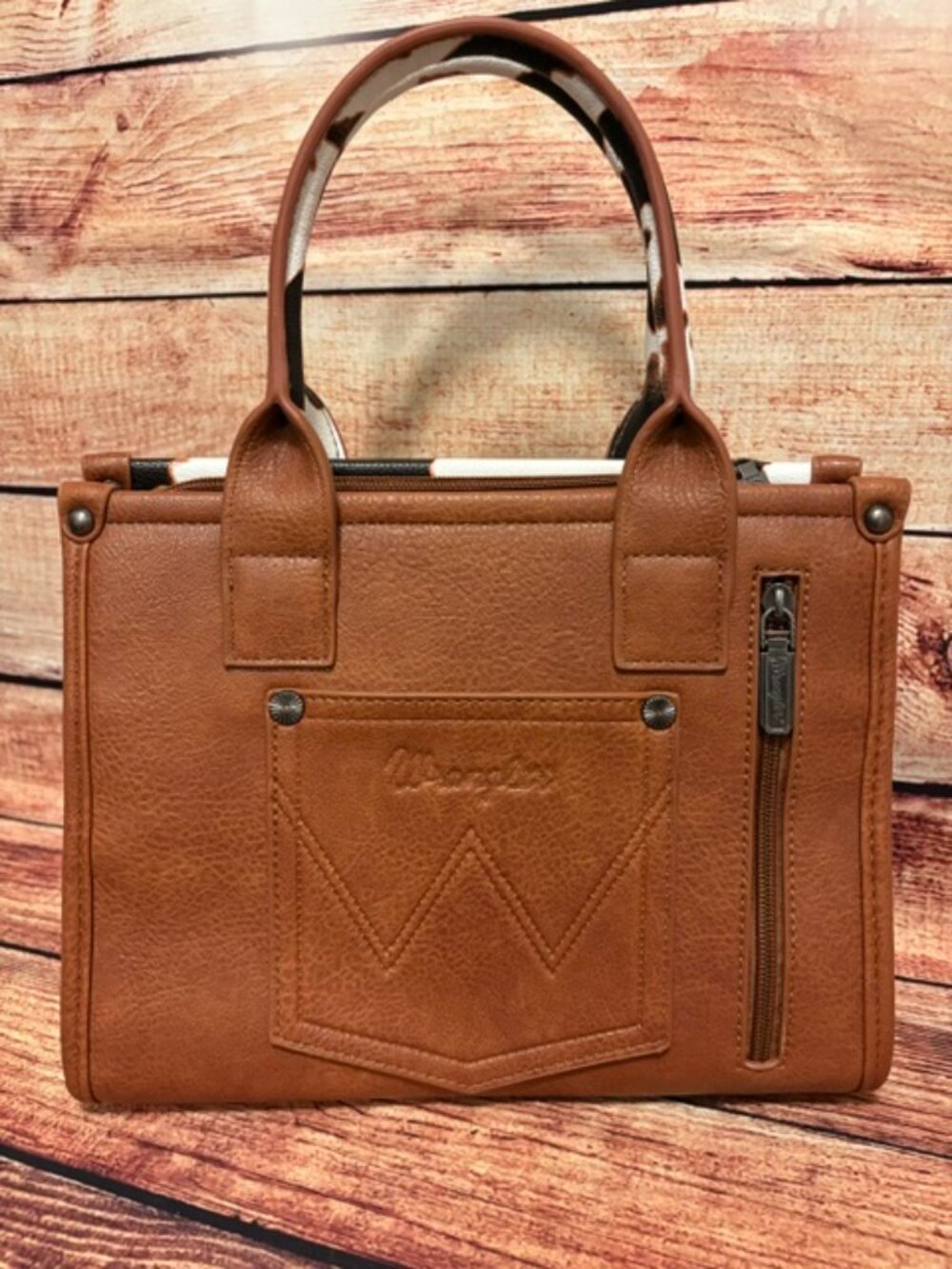 Wrangler Cowhide Print Western Satchel Tote Bag W/Strap - Brown NWT - Picture 2 of 4